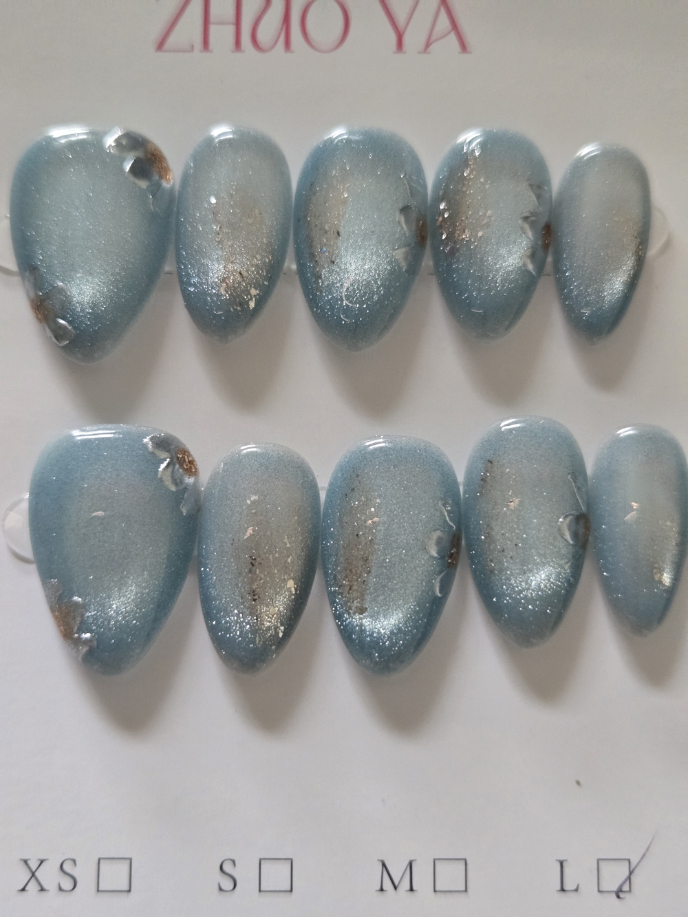 Blue Cat Eye Floral 3D Press-On Nail Set, Blue, Large 2.0 In Length